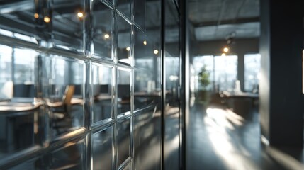 Workspaces with glass walls and natural light during daytime hours in a modern office setting