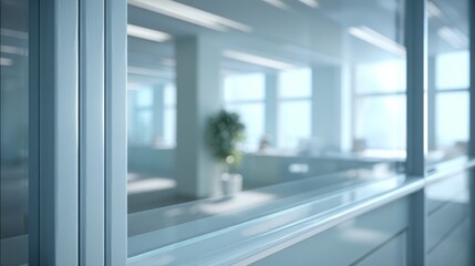 Office space with glass panels showing interior design and furniture in a commercial building during daytime