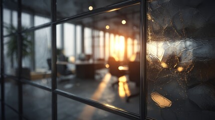 Sunset light shines through glass windows in an office setting with furniture and plants visible