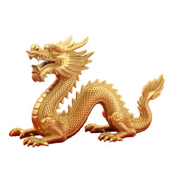 Golden Chinese Dragon Statue Illustration, Symbol of Power Wealth and Prosperity, Mythical Asian Dragon Isolated on Transparent Background