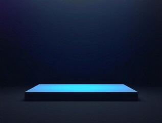 Minimalist dark stage with glowing blue light on a platform