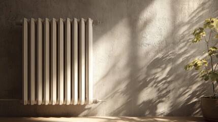 Warmth from a radiator shines on a wall with soft shadows from a nearby plant during late afternoon light in a cozy room