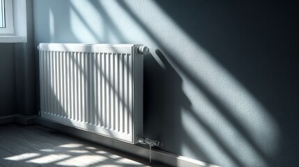 Sunlight creates shadows on a wall next to a radiator in a room during the afternoon