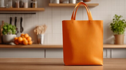 Bright orange bag sits on kitchen counter with fresh oranges in background and wooden utensils on shelves