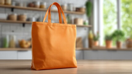 Bright orange bag on wooden kitchen table with plants and shelves in background during daylight hours