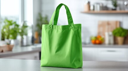 Bright green tote bag sits on a kitchen counter with fresh vegetables and fruits in the background at midday