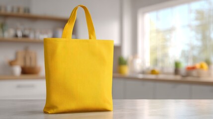 Yellow tote bag placed on a kitchen counter with natural light coming through the window during daytime