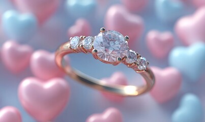 Diamond engagement ring on a rose gold band, sparkling with gemstones against a soft background of pink and blue hearts