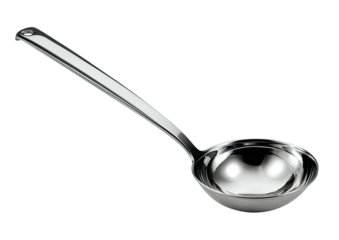 Stainless steel ladle with curved handle, hanging loop on dark background