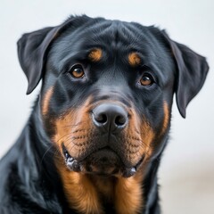 Fototapeta premium Closeup portrait of a rottweiler dogs face with intelligent brown eyes and distinctive markings