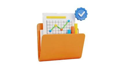 3D Render of Business Folder with Financial Charts and Verified Badge
