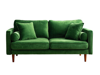 Fototapeta premium Emerald green, small, two-seater couch with cushions isolated on black background
