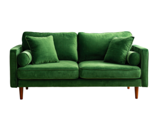 Emerald green, small, two-seater couch with cushions isolated on black background