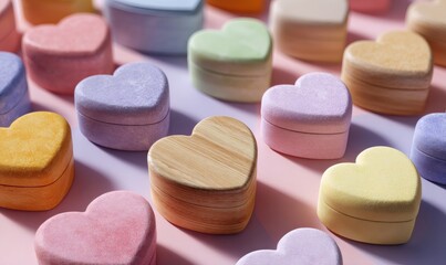Multiple heart boxes in various pastel colors and wood texture, symbolizing love, romance, and gifting for celebrations