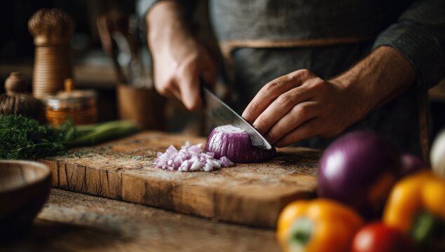 Person cutting red onion on wooden board with knife.