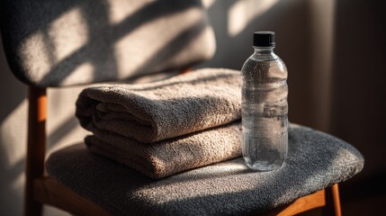 Towels and a bottle of water on a chair with sunlight creating shadows in a room during the day