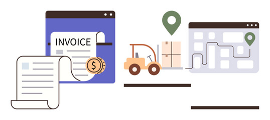 Fototapeta premium Business invoicing, delivery management, supply chain, financial transactions, shipment tracking, and logistics. Documents, forklift with boxes and a mapped delivery route. Business invoicing