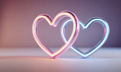 Two transparent glass hearts intertwined, illuminated by soft pink and blue neon lights, symbolizing love and connection