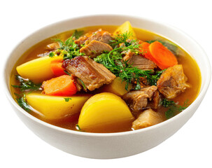 Hearty stew with meat, potatoes, carrots, and greens in a white bowl