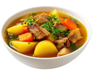 Hearty stew with meat, potatoes, carrots, and greens in a white bowl