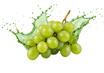 Vibrant cluster of plump green grapes with dew, emerald-green juice splashing dynamically mid-air, transparent background with copy space, high-speed macro, photorealistic. Concept for beverage