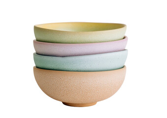 Stacked bowls yellow, green, pink, blue. Ceramic, simple, round, centered