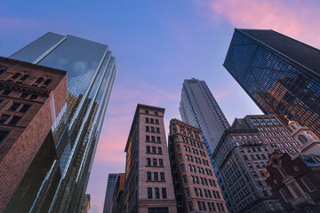 USA, Scenic Boston downtown financial district city skyline and skyscrapers.