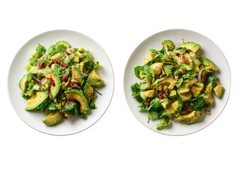 Two plates of fresh avocado and sprout salad on white background, vibrant
