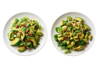 Two plates of fresh avocado and sprout salad on white background, vibrant