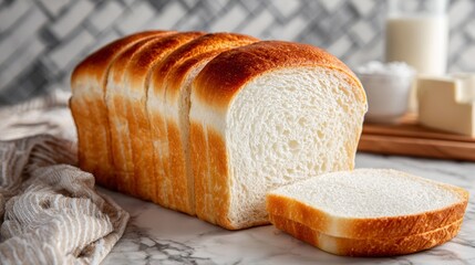 Freshly baked bread loaf sits on a marble countertop with sliced pieces ready for serving or toasting