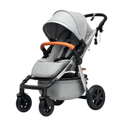 Gray baby stroller angled right, with gray canopy and black wheels, on black