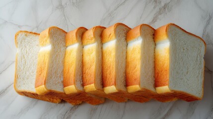 Slices of bread arranged in a line on a marble surface showing their soft texture and golden edges