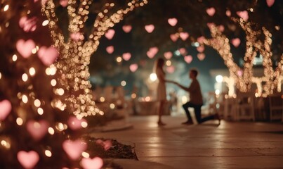 Man kneeling while proposing to woman under trees decorated with heart-shaped bokeh and warm string lights at night