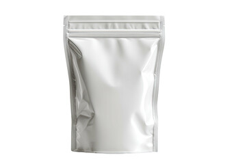 Shiny white stand-up pouch with zip closure, isolated on black background