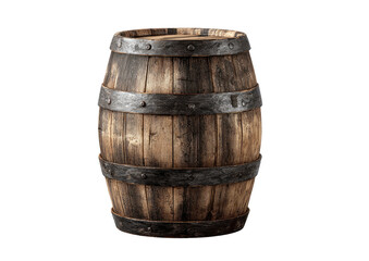 Weathered wooden barrel held together with dark metal bands, plain background