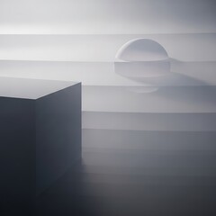 Obraz premium Abstract geometric landscape with a floating sphere and cubic structure, rendered in soft monochrome tones, offering a calming and modern visual composition