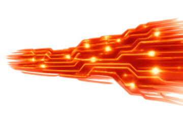 Abstract glowing neon light circuit board style pattern representing digital data flow with transparent background