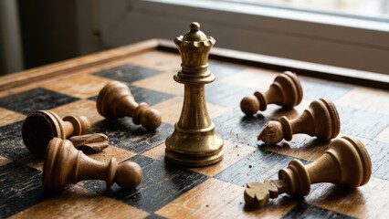 Golden chess queen standing victorious among fallen pawns on a wooden chessboard