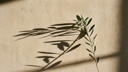 Green plant sprig casts long shadow in bright sunlight on neutral wall