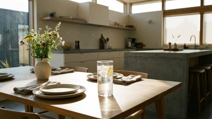Glass of water on bright table setting in a sunny modern kitchen