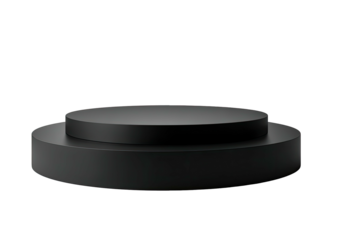 Two-tiered matte black cylinder platform display against a dark void