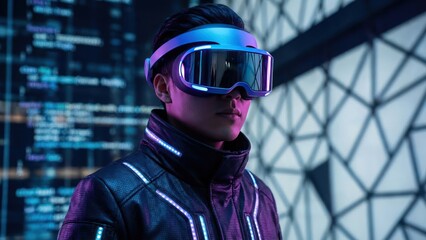 Futuristic portrait of a person wearing a virtual reality headset device goggles