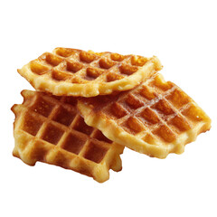 Golden, textured waffles stacked. Edges are slightly crispy against a dark background