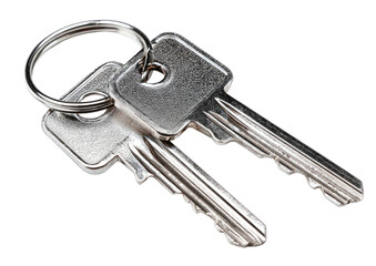 Two metal keys on a ring, angled on black. Access and entry implied