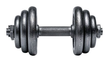 Metal dumbbell with layered weights, symmetric, centered on black background