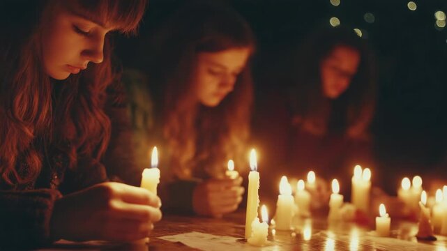 Group of young women gathered together, engaged in a candle light ceremony. They seem to be sharing a quiet moment with one another.