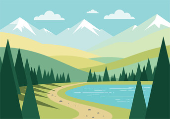 Obraz premium SEO-Friendly Title Flat vector illustration of a scenic mountain landscape with a blue lake, pine forest, and winding path.