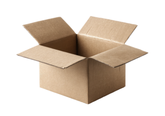 Empty brown corrugated cardboard box, flaps opened, isolated on black background