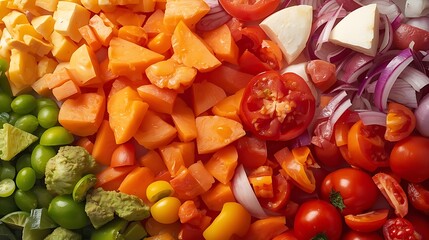 freshly chopped assorted vegetables, including carrots, bell peppers, onions, and tomatoes, arranged in a visually appealing composition on a clean and simple background