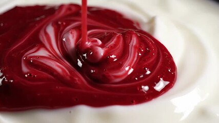 Vibrant red fruit sauce or jam being slowly poured and artfully swirled into a creamy white yogurt or dessert base creating beautiful patterns and a delicious appetizing visual for culinary projects . - Powered by Adobe